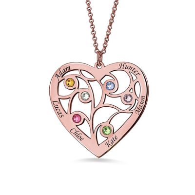 Herz Stammbaum Halskette mit Geburtssteinen in Rose Gold Plating