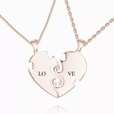 "True Love" Paare Herz Halskette mit Gravur Rose vergoldet