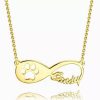 Collar con nombre infinito con estampado de pata de perro, chapado en oro de 14 k