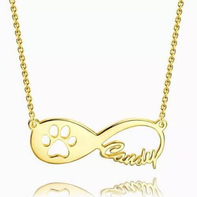 Dog Paw Print Infinity Name Halskette 14 Karat vergoldet
