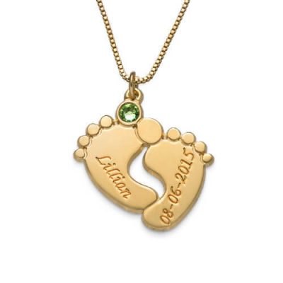 Gravierte Baby-Fuß-Halskette mit personalisierter Birthstone-Vergoldung