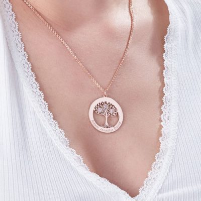 Rose Gold Überzug Kreis Baum des Lebens Halskette mit Geburtssteinen