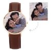 Unisex Rose Goldtone Photo Watch Correa de cuero marrón