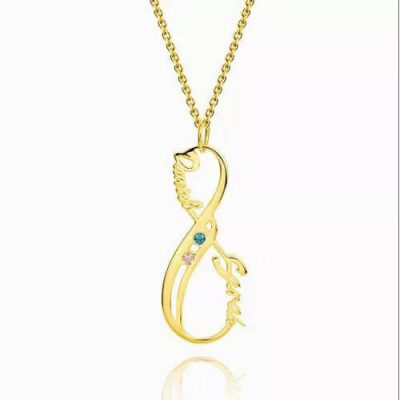Vertikale Infinity Name Halskette mit Geburtssteinen 14 Karat vergoldet