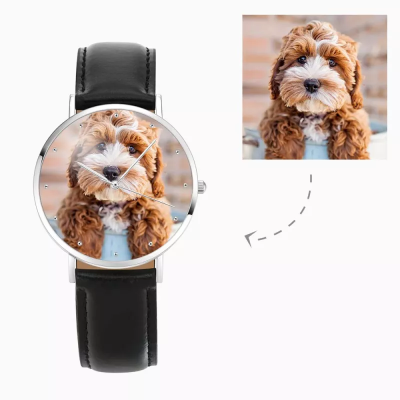 Womens Photo Watch Schwarzes Lederband