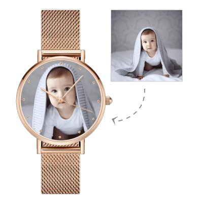 Damen Rose Gold Legierung Armband Foto Uhr