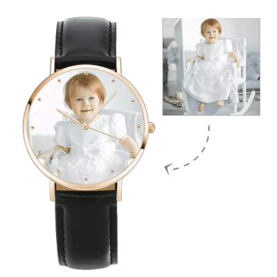 Womens Rose Goldtone Photo Watch Schwarzes Lederband