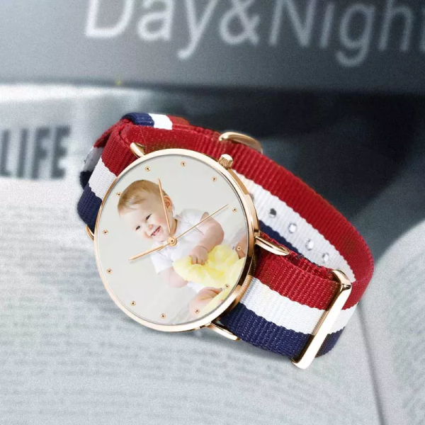 Womens Rose Goldtone Photo Watch Farbe Nylonarmband