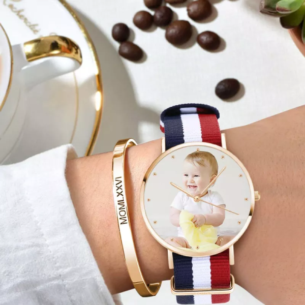 Womens Rose Goldtone Photo Watch Farbe Nylonarmband