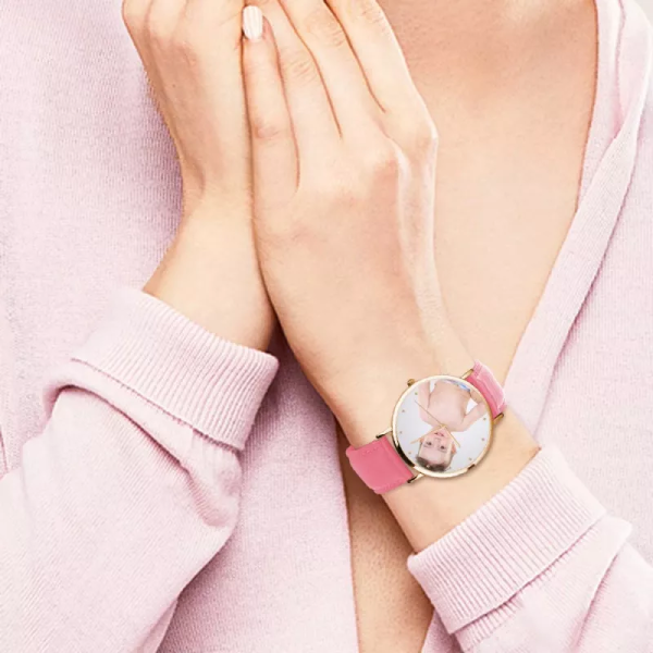 Womens Rose Goldtone Photo Watch Pink Leather Strap