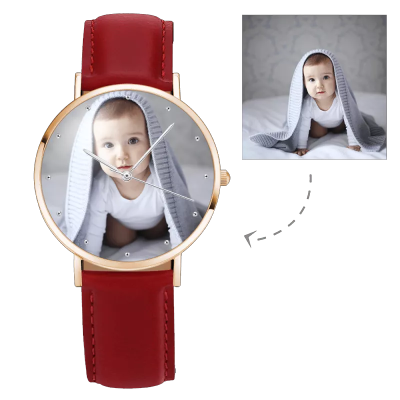 Womens Rose Goldtone Photo Watch Rotes Lederband