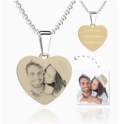 Womens Heart Photo Engraved Tag Halskette mit Gravur 18 Karat vergoldet Edelstahl