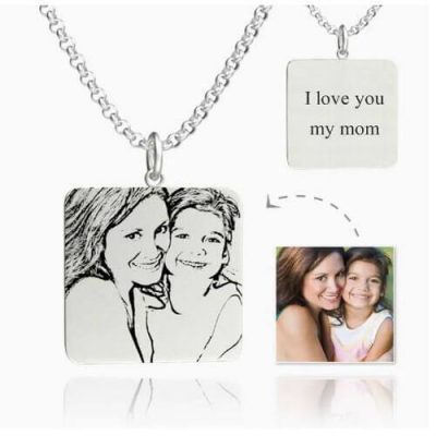 Womens Square Photo Engraved Tag Necklace With Engraving Silver