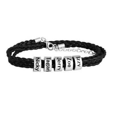 Personalized Sterling Silver Men Braid Black Bracelet with Small Custom Bracelets