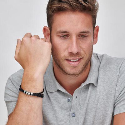 Personalized Sterling Silver Men Braid Black Bracelet with Small Custom Bracelets