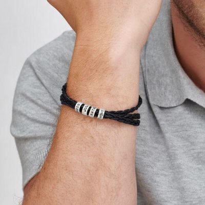 Personalized Sterling Silver Men Braid Black Bracelet with Small Custom Bracelets