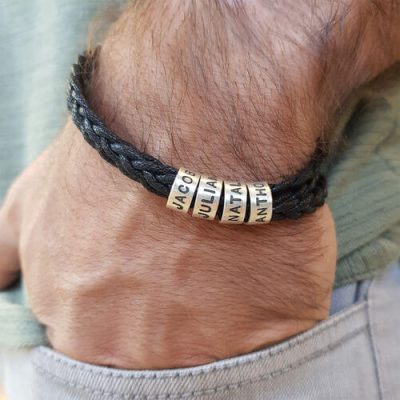 Personalized Sterling Silver Men Braid Black Bracelet with Small Custom Bracelets