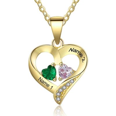 Sterling Silver Personalized Heart Simulated Birthstone Couple Pendant Necklace