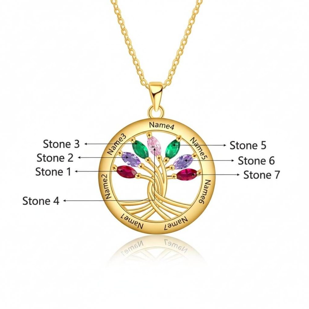 family necklace personalized with 7 engraved names and birthstones ...