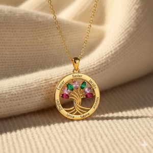 family necklace personalized with 7 engraved names and birthstones