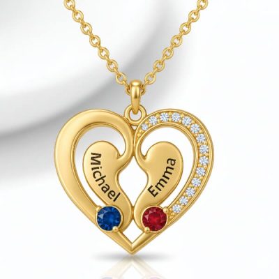 Collier de pendentif cardiaque personnalisé avec des noms gravés et des pierres de naissance