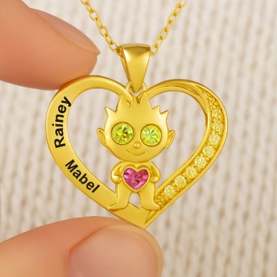 Personalized Heart cute appearance Pendant Necklace with Engraved Names and Birthstones