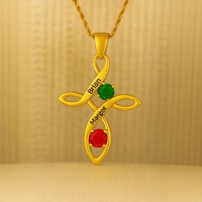Cross Love Engraved Birthstone Necklace